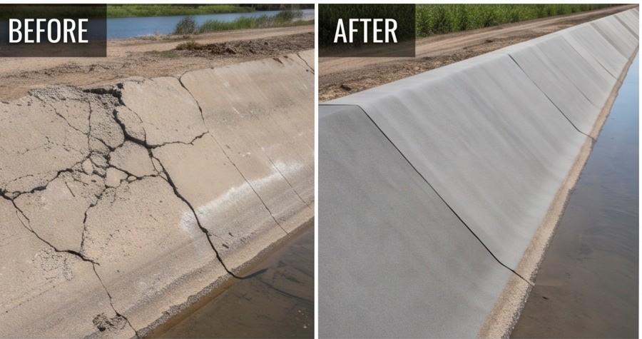 Before and after: a cracked concrete channel repaired with Concrete Weavers