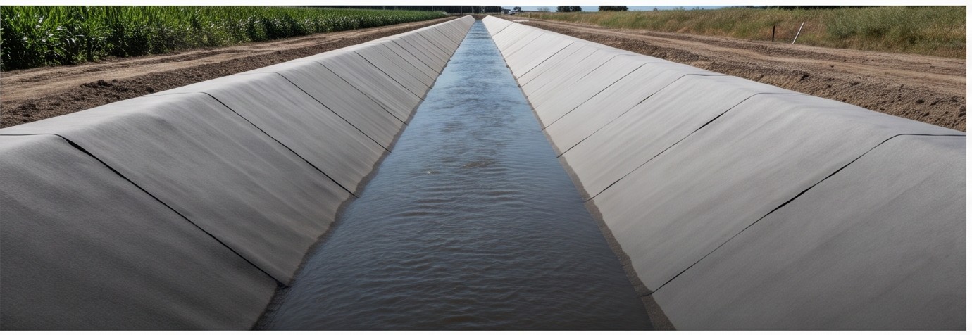 An irrigation channel lined with Concrete Weavers, with water flowing through it