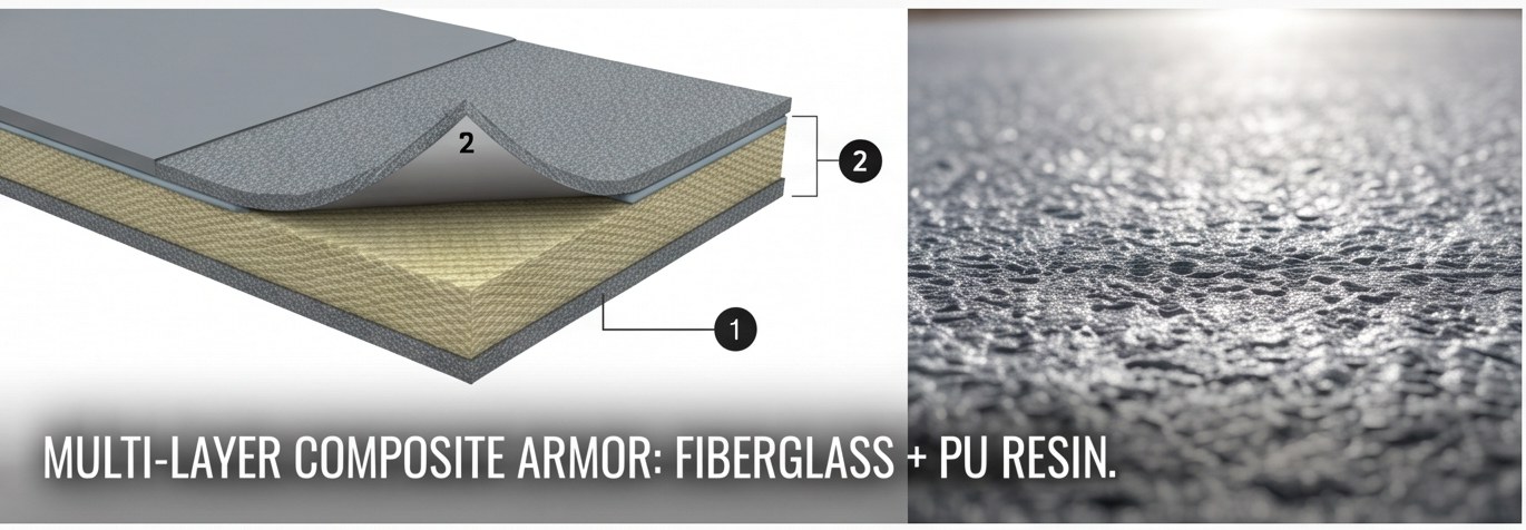 Diagram of the multi-layer composite armor: fiberglass and PU resin over the concrete cloth core, with a close-up of the finished slip-resistant texture