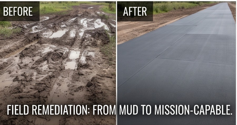 Before and after: a muddy field surfaced with Concrete Weavers