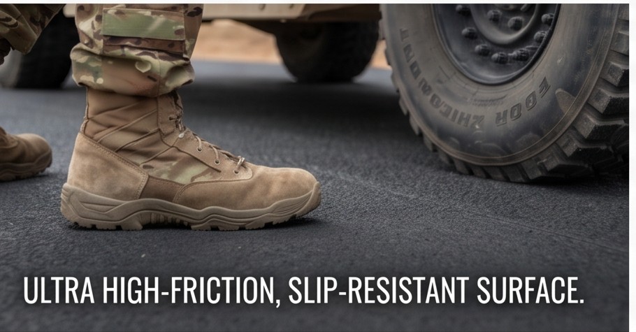 Boot and vehicle tire on the slip-resistant Concrete Weavers surface