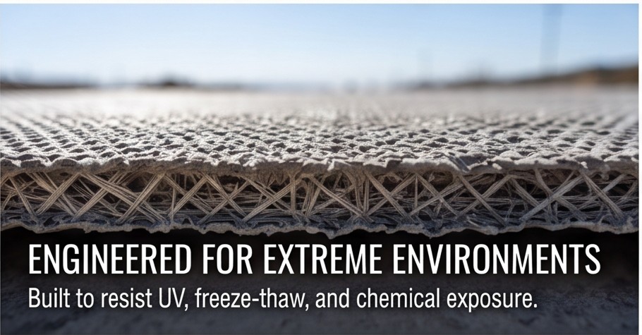 Close-up of the woven concrete cloth layers. Engineered for extreme environments: built to resist UV, freeze-thaw, and chemical exposure.