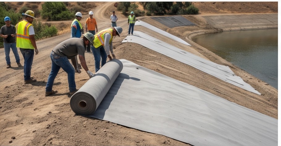 Crew installing Concrete Weavers on a slope beside a reservoir